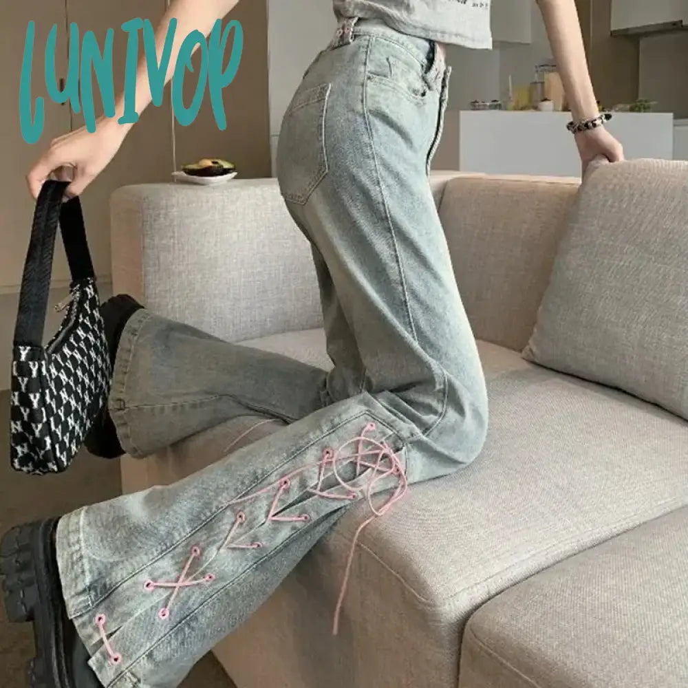 Lunivop Y2K High Waist Jeans Women Vintage Bandage Slit Slim Flare Denim Pants Female Korean