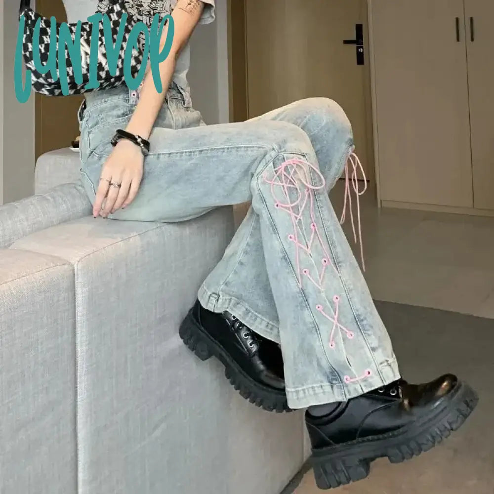 Lunivop Y2K High Waist Jeans Women Vintage Bandage Slit Slim Flare Denim Pants Female Korean