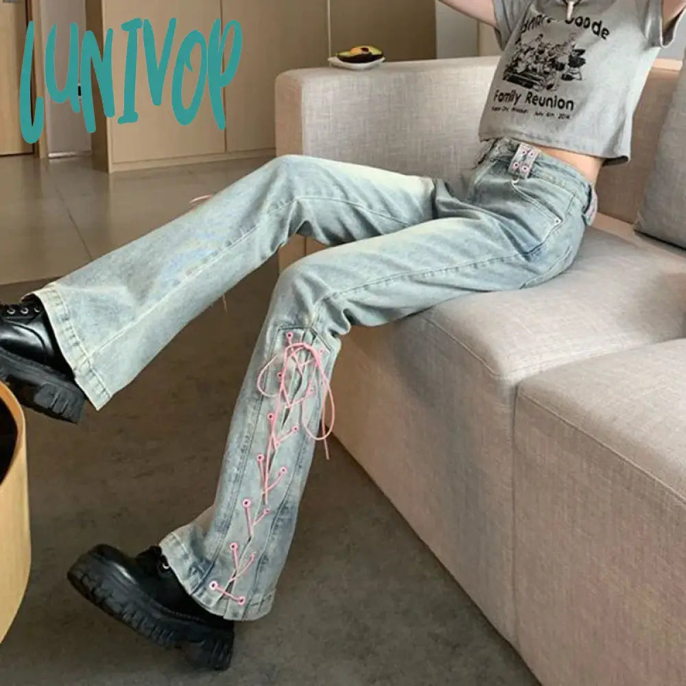 Lunivop Y2K High Waist Jeans Women Vintage Bandage Slit Slim Flare Denim Pants Female Korean