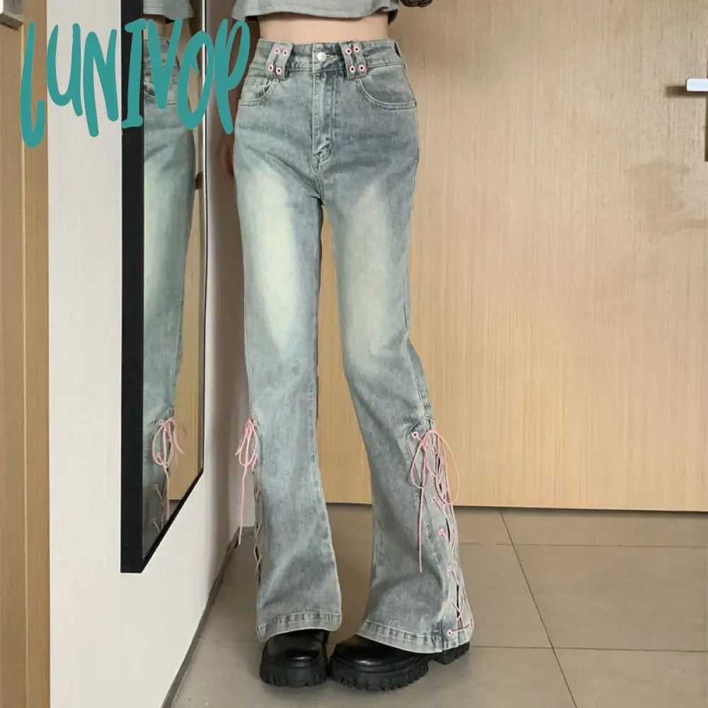 Lunivop Y2K High Waist Jeans Women Vintage Bandage Slit Slim Flare Denim Pants Female Korean