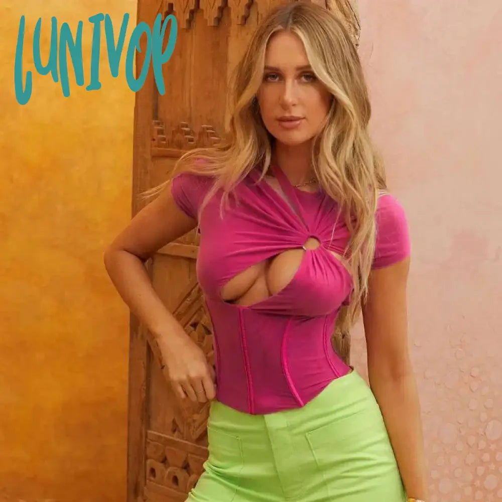 Lunivop Y2K Hollow Out Short Sleeve Crop Top Summer Women Sexy Skinny Bottom T Shirt Casual