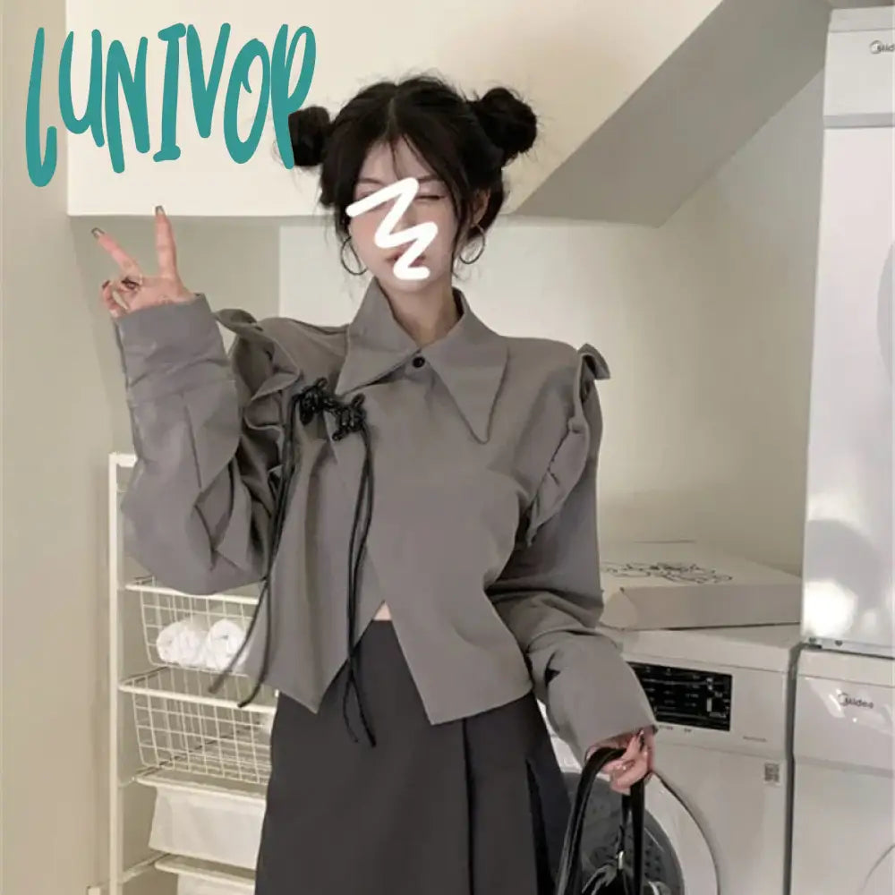 Lunivop Y2K Irregular Crop Blouses Women Harajuku Ruffles Asymmetrical Shirts Korean Preppy