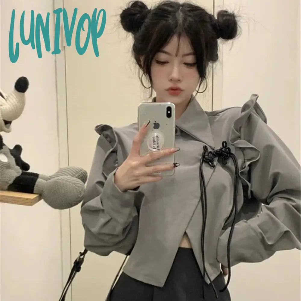 Lunivop Y2K Irregular Crop Blouses Women Harajuku Ruffles Asymmetrical Shirts Korean Preppy