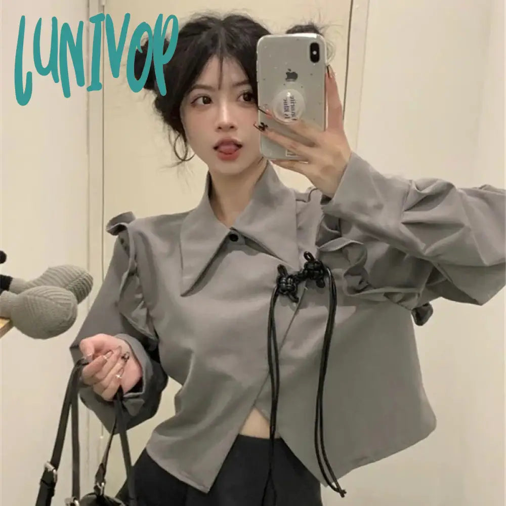 Lunivop Y2K Irregular Crop Blouses Women Harajuku Ruffles Asymmetrical Shirts Korean Preppy