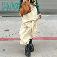 Lunivop Y2K Irregular Folds Skirt Women Drawstring Bow Loose Long Harajuku High Waist Cargo