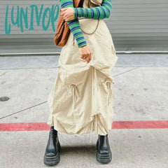 Lunivop Y2K Irregular Folds Skirt Women Drawstring Bow Loose Long Harajuku High Waist Cargo