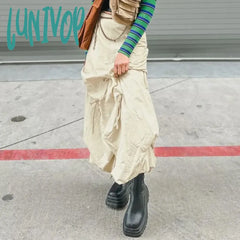 Lunivop Y2K Irregular Folds Skirt Women Drawstring Bow Loose Long Harajuku High Waist Cargo
