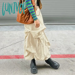 Lunivop Y2K Irregular Folds Skirt Women Drawstring Bow Loose Long Harajuku High Waist Cargo
