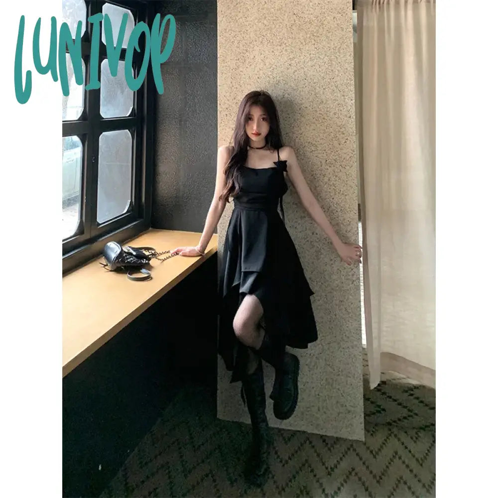 Lunivop Y2K Irregular Midi Dress Women Gothic Black Sexy Strap One Pieces Dresses Korean Party Prom