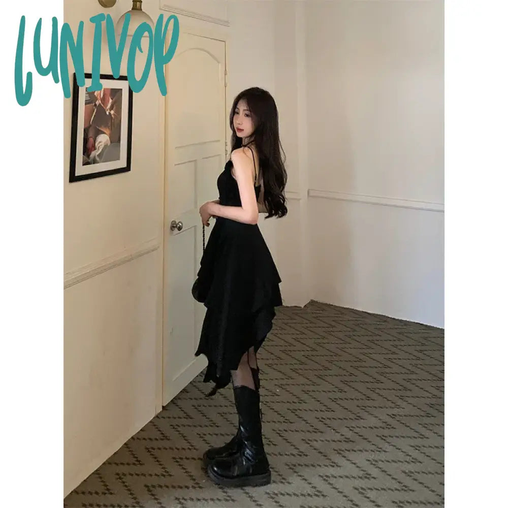 Lunivop Y2K Irregular Midi Dress Women Gothic Black Sexy Strap One Pieces Dresses Korean Party Prom