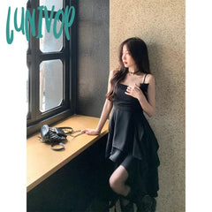 Lunivop Y2K Irregular Midi Dress Women Gothic Black Sexy Strap One Pieces Dresses Korean Party Prom