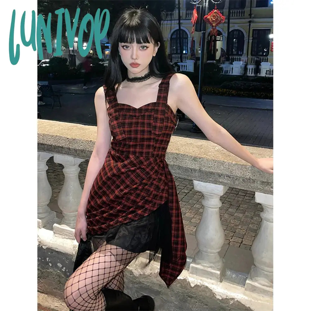 Lunivop Y2K Irregular Plaid Mini Dress Women Vintage Mesh Patchwork One Pieces Dresses Korean Party