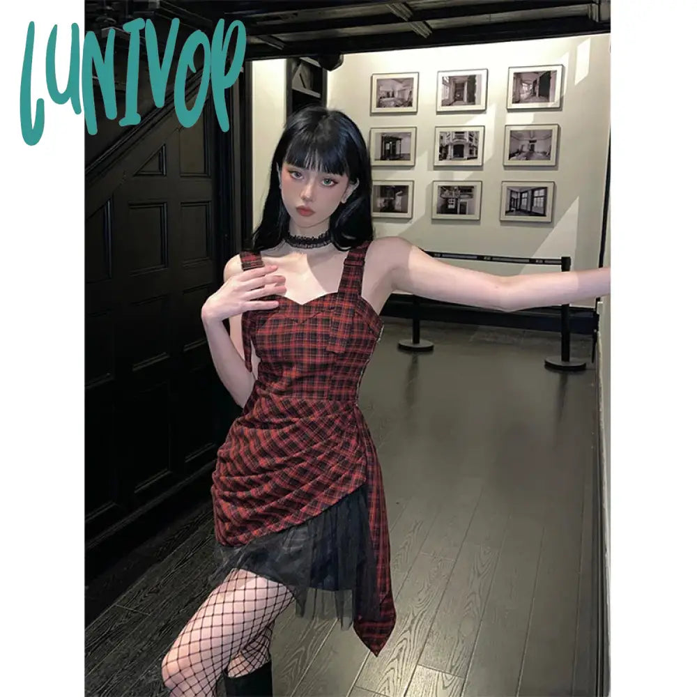 Lunivop Y2K Irregular Plaid Mini Dress Women Vintage Mesh Patchwork One Pieces Dresses Korean Party