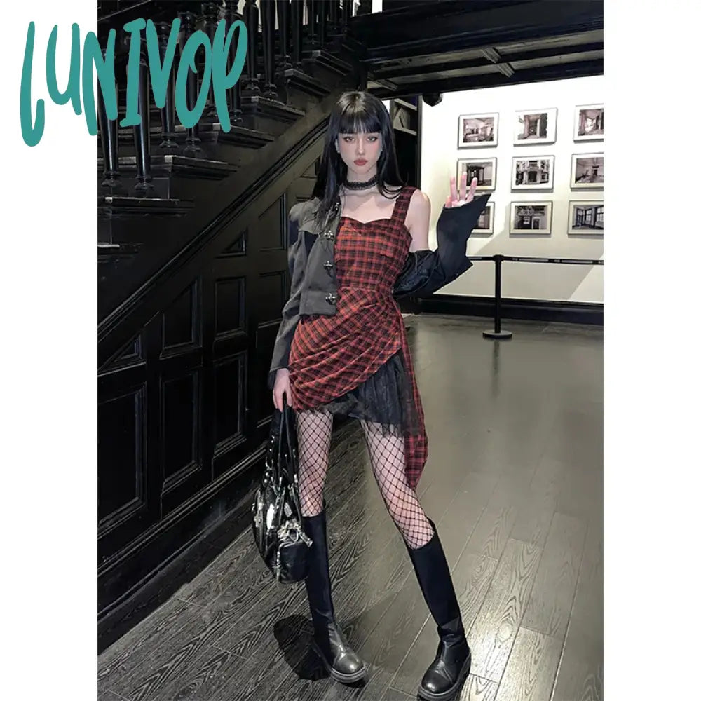 Lunivop Y2K Irregular Plaid Mini Dress Women Vintage Mesh Patchwork One Pieces Dresses Korean Party