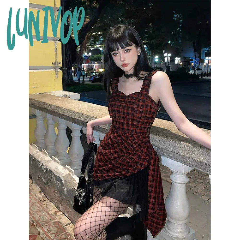 Lunivop Y2K Irregular Plaid Mini Dress Women Vintage Mesh Patchwork One Pieces Dresses Korean Party