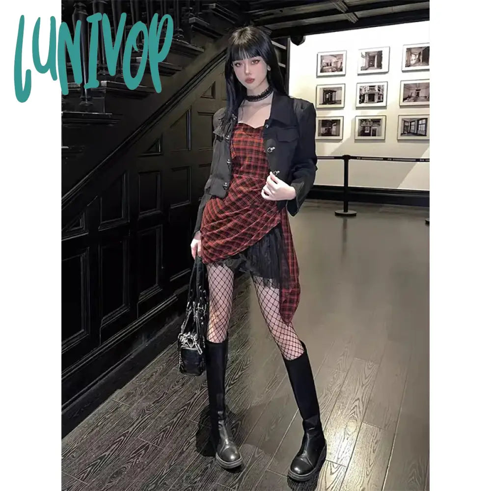 Lunivop Y2K Irregular Plaid Mini Dress Women Vintage Mesh Patchwork One Pieces Dresses Korean Party