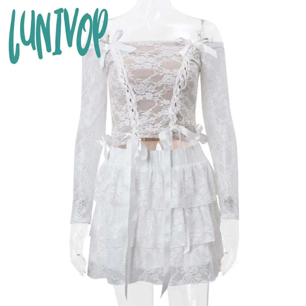 Lunivop Y2K Kawaii Retro Outfits Lolita 2 Piece Set Fairy Cute Bow Lace Off Shoulder Crop Tops