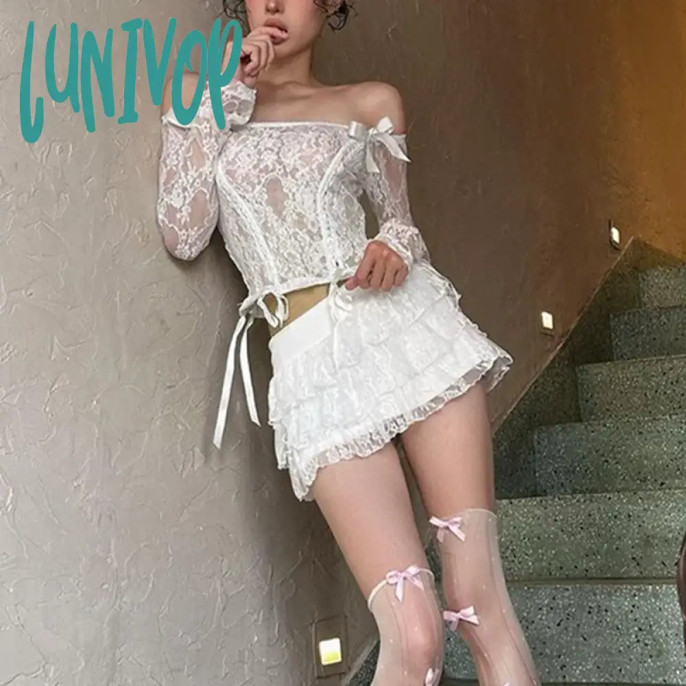 Lunivop Y2K Kawaii Retro Outfits Lolita 2 Piece Set Fairy Cute Bow Lace Off Shoulder Crop Tops