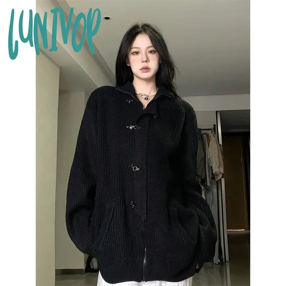 Lunivop Y2K Knitted Cardigan Women Streetwear Black Oversized Sweater Coat Harajuku Gothic Buttons