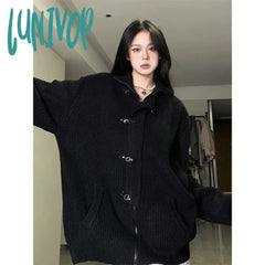 Lunivop Y2K Knitted Cardigan Women Streetwear Black Oversized Sweater Coat Harajuku Gothic Buttons