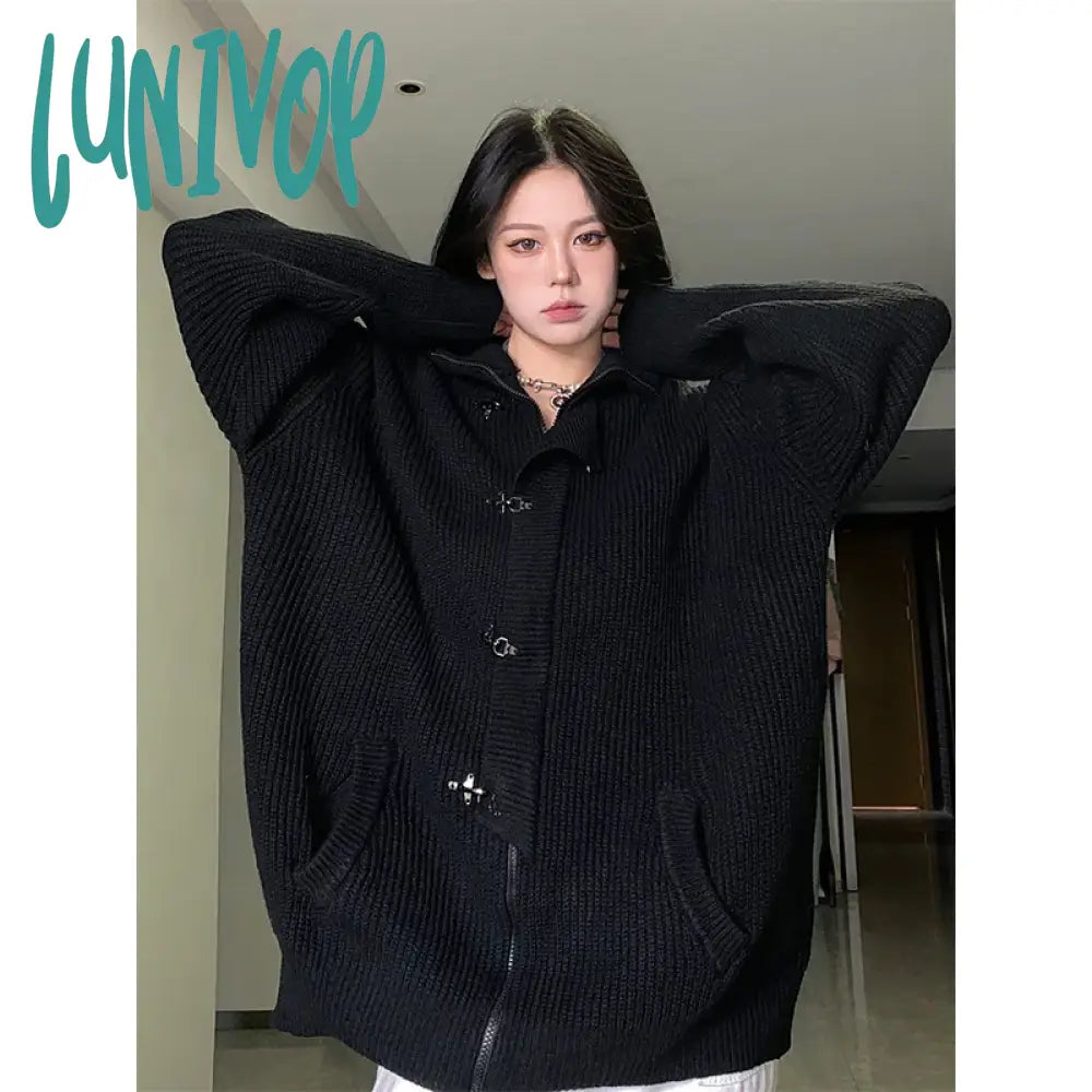 Lunivop Y2K Knitted Cardigan Women Streetwear Black Oversized Sweater Coat Harajuku Gothic Buttons