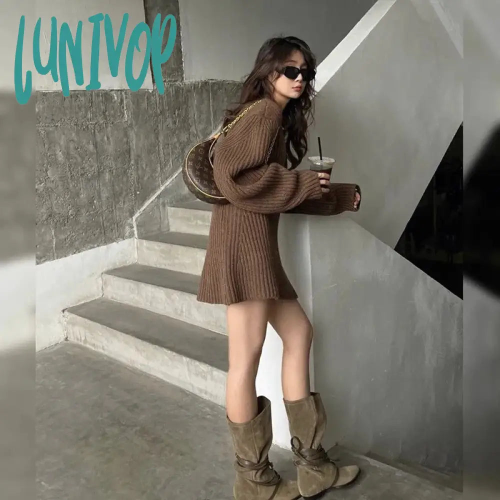 Lunivop Y2K Knitted Mini Dress Women Vintage Sexy V Neck Sweater One Piece Dresses Autumn Winter