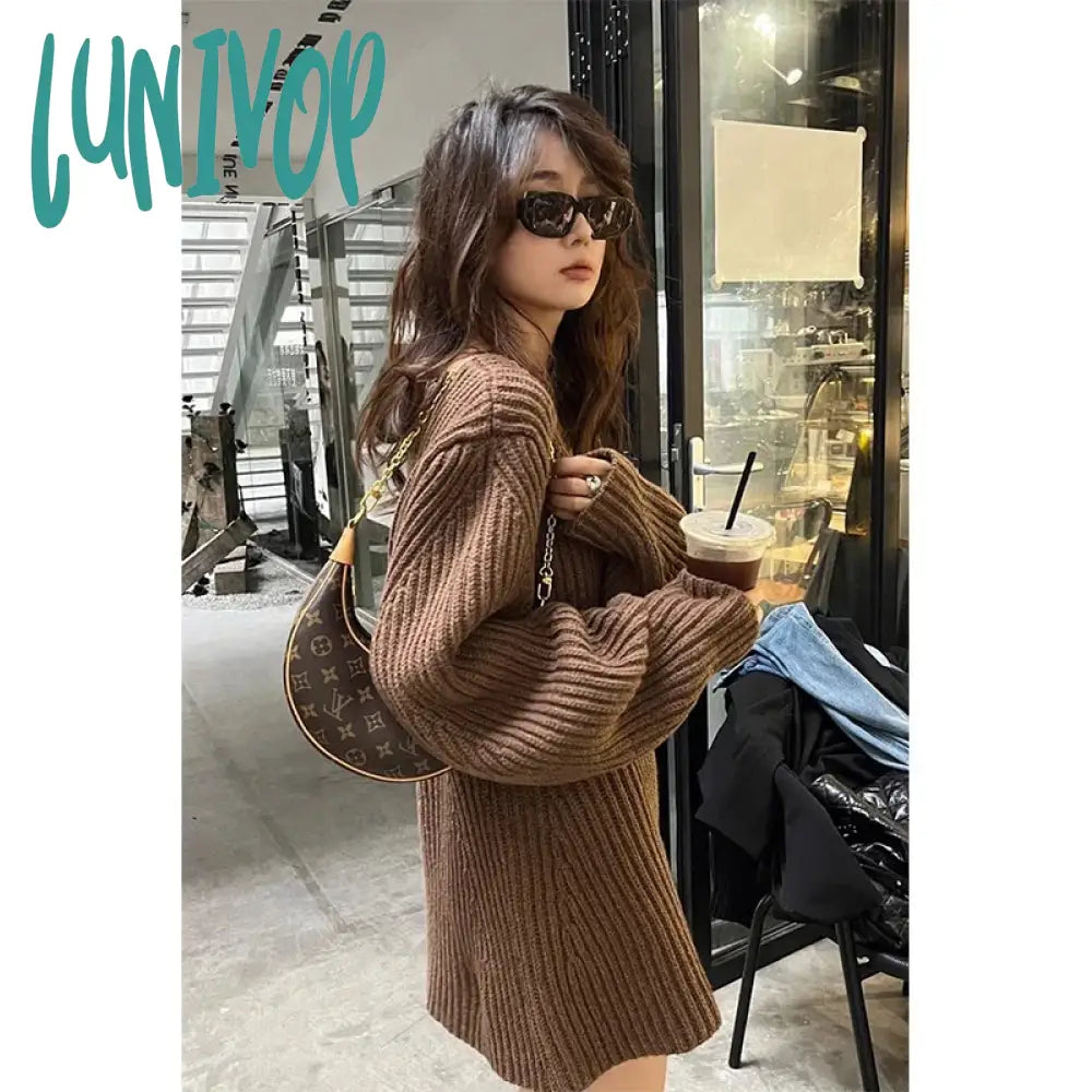 Lunivop Y2K Knitted Mini Dress Women Vintage Sexy V Neck Sweater One Piece Dresses Autumn Winter