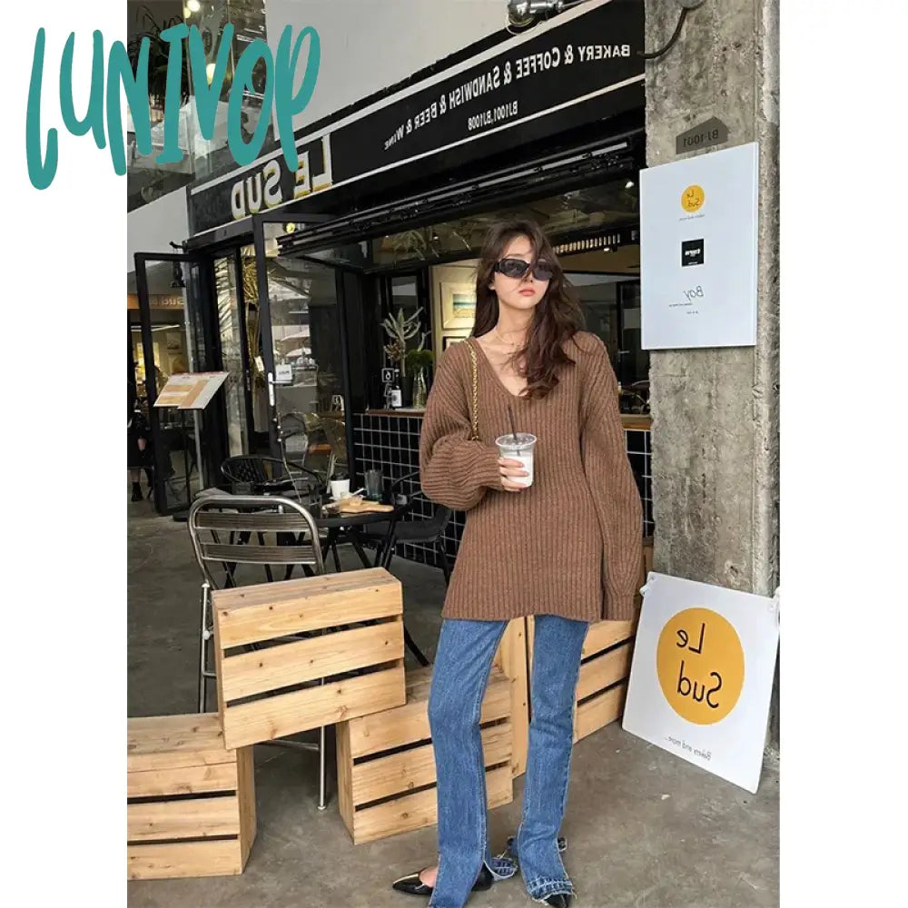 Lunivop Y2K Knitted Mini Dress Women Vintage Sexy V Neck Sweater One Piece Dresses Autumn Winter