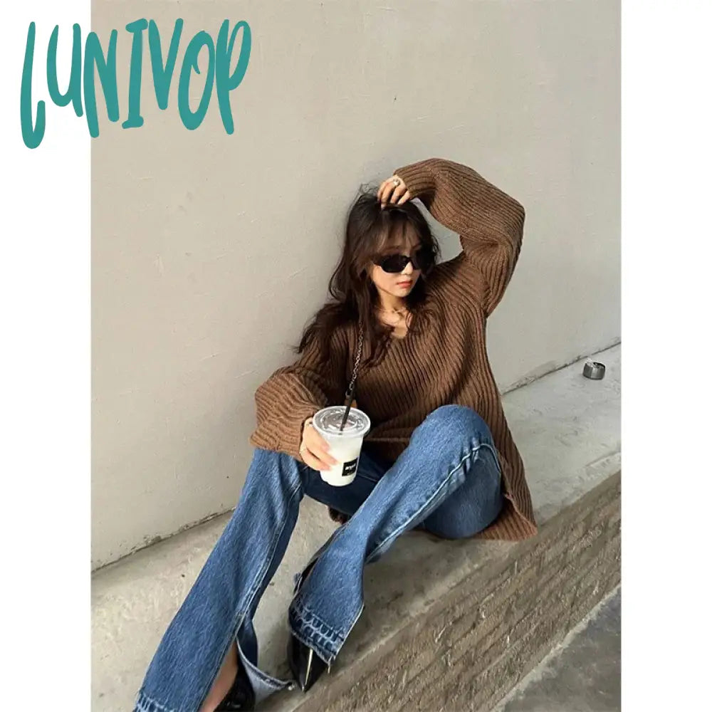 Lunivop Y2K Knitted Mini Dress Women Vintage Sexy V Neck Sweater One Piece Dresses Autumn Winter