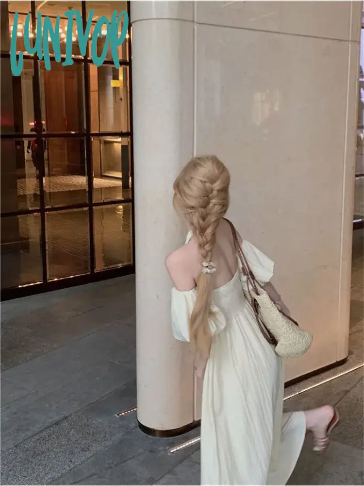 Lunivop Y2K Korean Beige Long Resort Dress Women Beach Style Off Shoulder Short Sleeve Evening