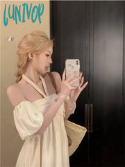 Lunivop Y2K Korean Beige Long Resort Dress Women Beach Style Off Shoulder Short Sleeve Evening