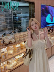 Lunivop Y2K Korean Beige Long Resort Dress Women Beach Style Off Shoulder Short Sleeve Evening