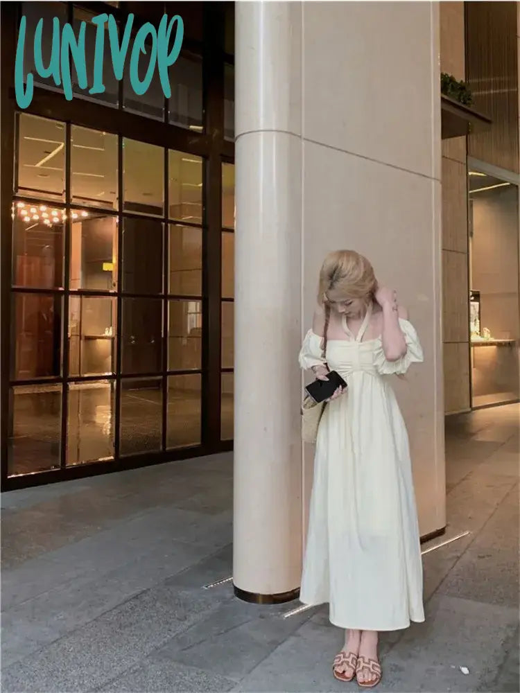Lunivop Y2K Korean Beige Long Resort Dress Women Beach Style Off Shoulder Short Sleeve Evening