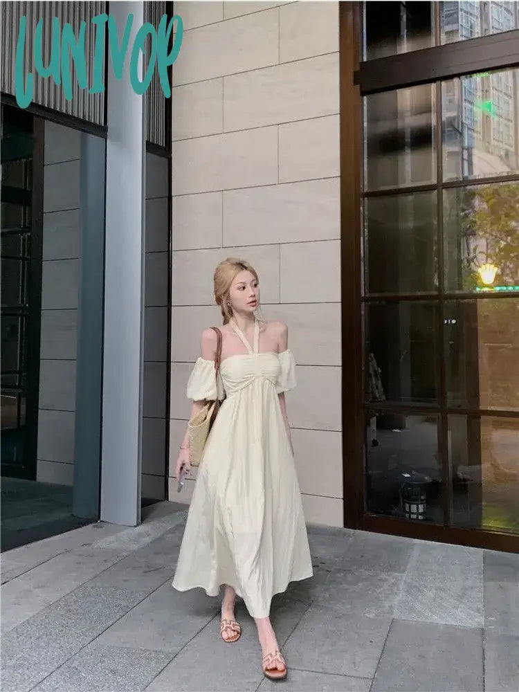 Lunivop Y2K Korean Beige Long Resort Dress Women Beach Style Off Shoulder Short Sleeve Evening