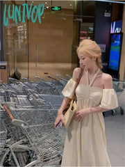 Lunivop Y2K Korean Beige Long Resort Dress Women Beach Style Off Shoulder Short Sleeve Evening