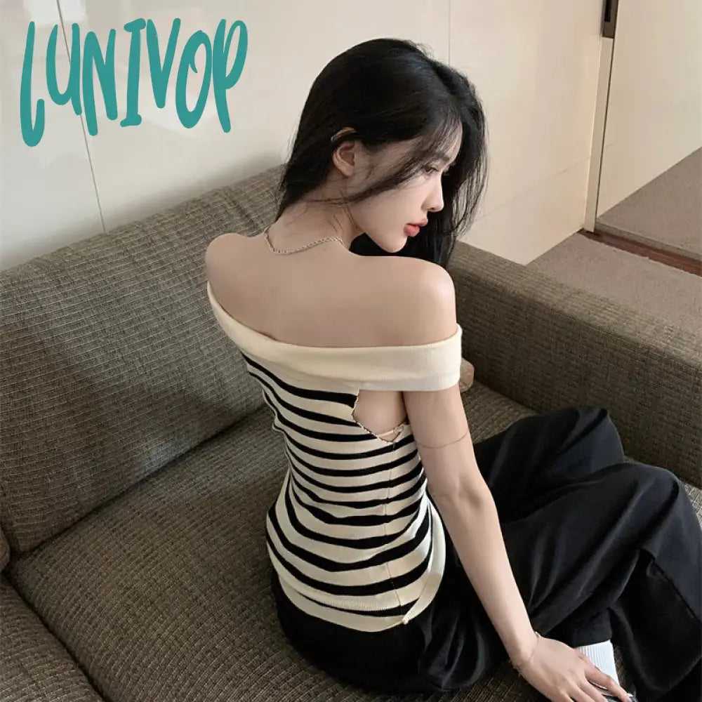 Lunivop Y2K Korean Crop Tops Women Knit Contrast Stripe Boat Neck Off Shoulder Shirts Summer Slim