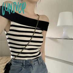 Lunivop Y2K Korean Crop Tops Women Knit Contrast Stripe Boat Neck Off Shoulder Shirts Summer Slim