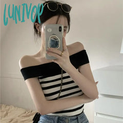 Lunivop Y2K Korean Crop Tops Women Knit Contrast Stripe Boat Neck Off Shoulder Shirts Summer Slim