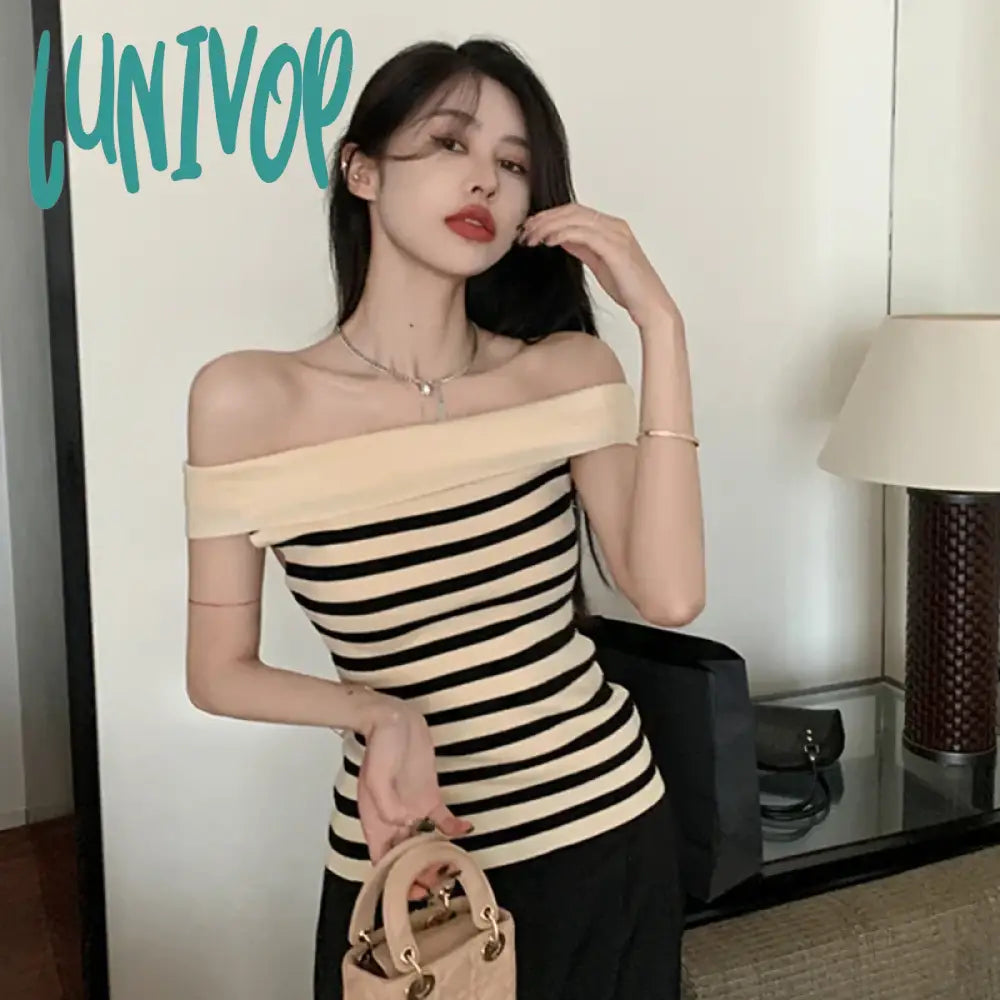 Lunivop Y2K Korean Crop Tops Women Knit Contrast Stripe Boat Neck Off Shoulder Shirts Summer Slim