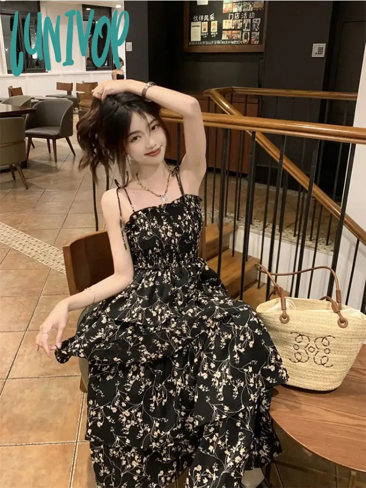 Lunivop Y2K Korean Style One Piece Floral Dress Women Vintage Elegant Layered High Waist Black Long