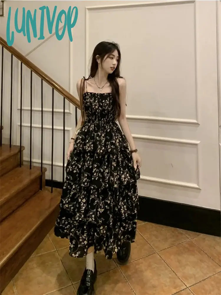 Lunivop Y2K Korean Style One Piece Floral Dress Women Vintage Elegant Layered High Waist Black Long