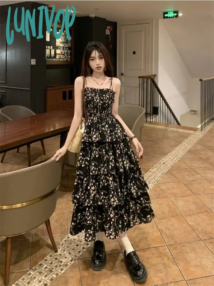 Lunivop Y2K Korean Style One Piece Floral Dress Women Vintage Elegant Layered High Waist Black Long