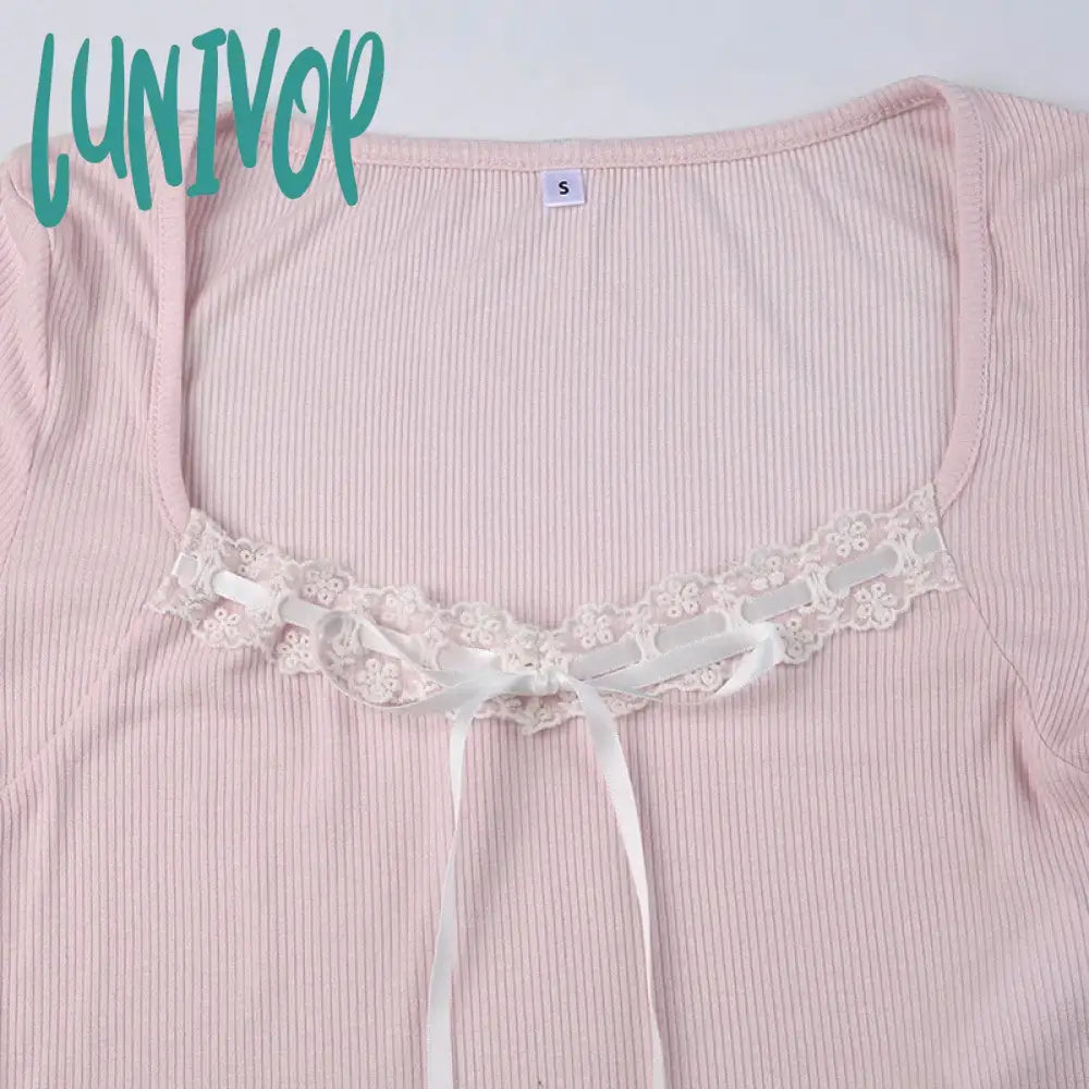 Lunivop Y2K Lace Bowknot Ribbons Lace-Up Cropped Top Vintage Women Korean Fashion Basic Knitted