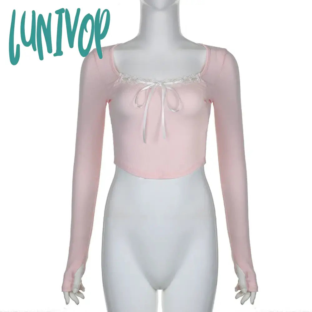 Lunivop Y2K Lace Bowknot Ribbons Lace-Up Cropped Top Vintage Women Korean Fashion Basic Knitted