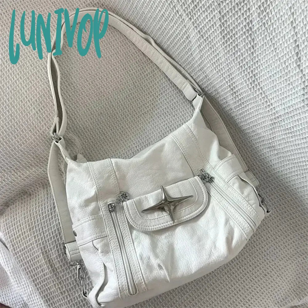 Lunivop Y2K Large Capacity Shoulder Bag White Pu Leather Cross Handbag American Style Punk Goth