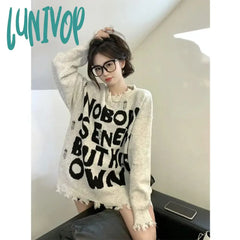 Lunivop Y2K Letter Print Sweater Women Streetwear Oversized Tassel Knitted Pullovers Vintage Hollow