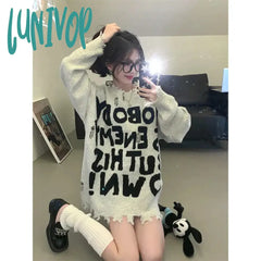 Lunivop Y2K Letter Print Sweater Women Streetwear Oversized Tassel Knitted Pullovers Vintage Hollow