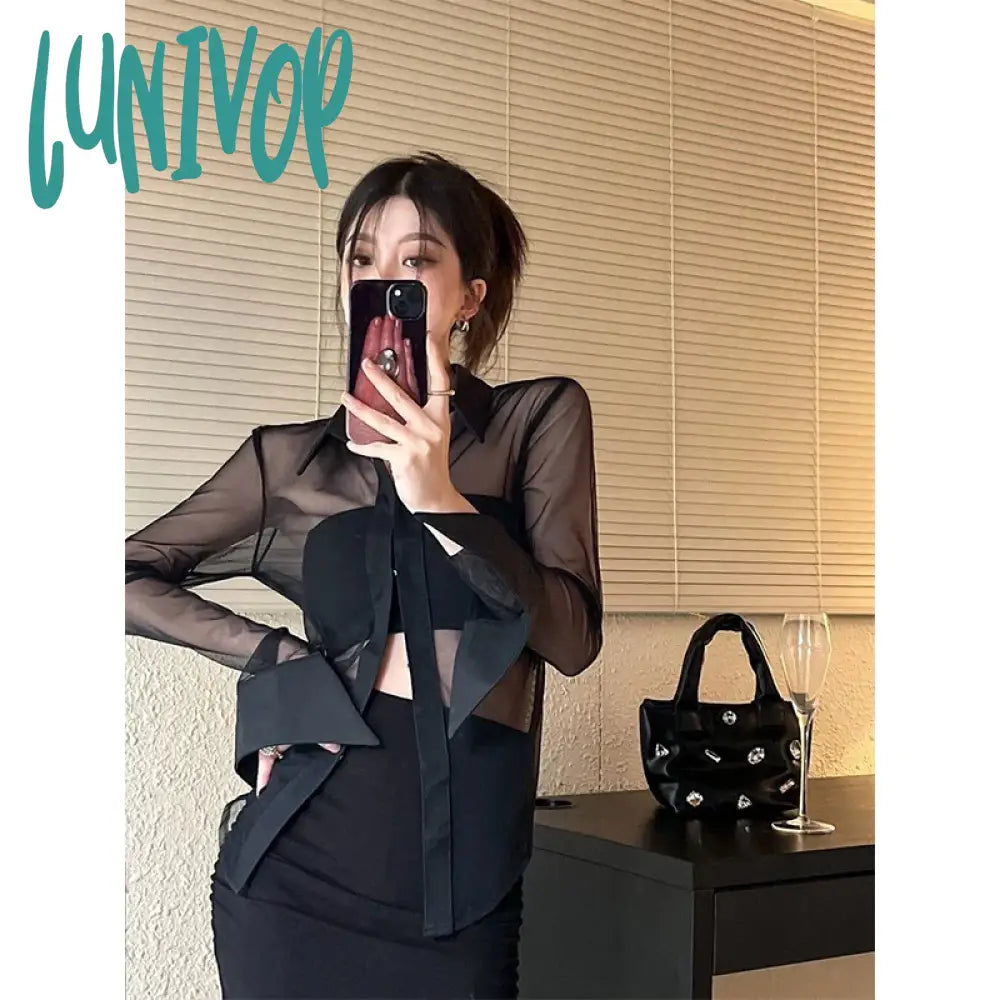 Lunivop Y2K Mesh Sheer Shirts Women Sexy Black See Through Blouses Summer Korean Fashion Aesthetic