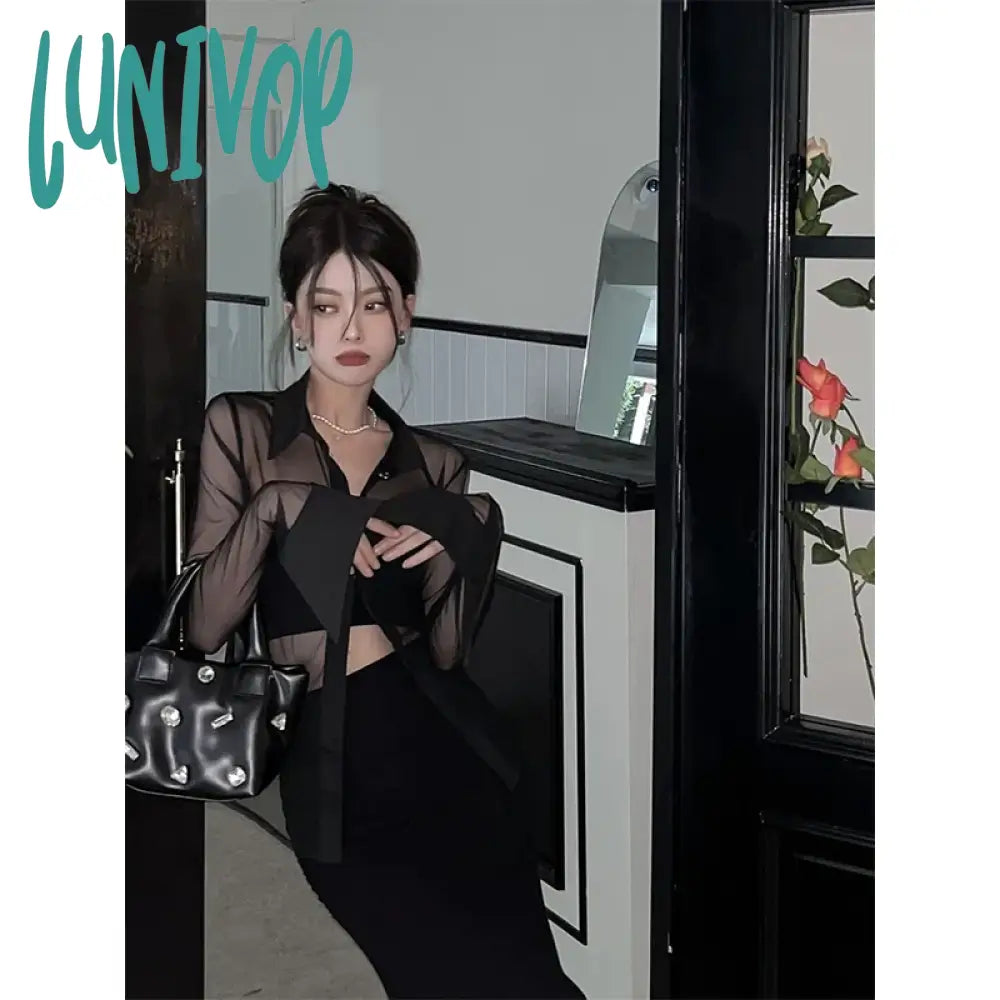 Lunivop Y2K Mesh Sheer Shirts Women Sexy Black See Through Blouses Summer Korean Fashion Aesthetic