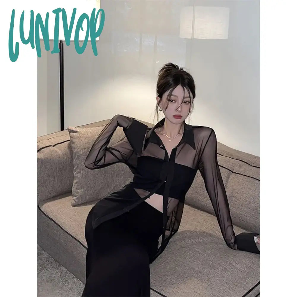 Lunivop Y2K Mesh Sheer Shirts Women Sexy Black See Through Blouses Summer Korean Fashion Aesthetic